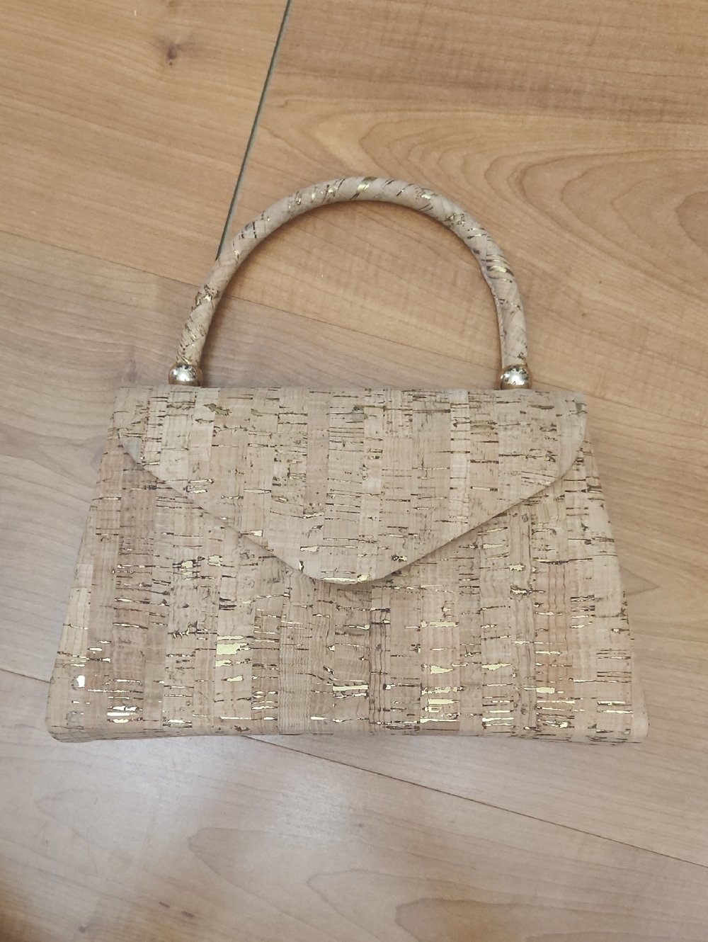 Cork Handbag with Gold Accents - Neutral Straw Color